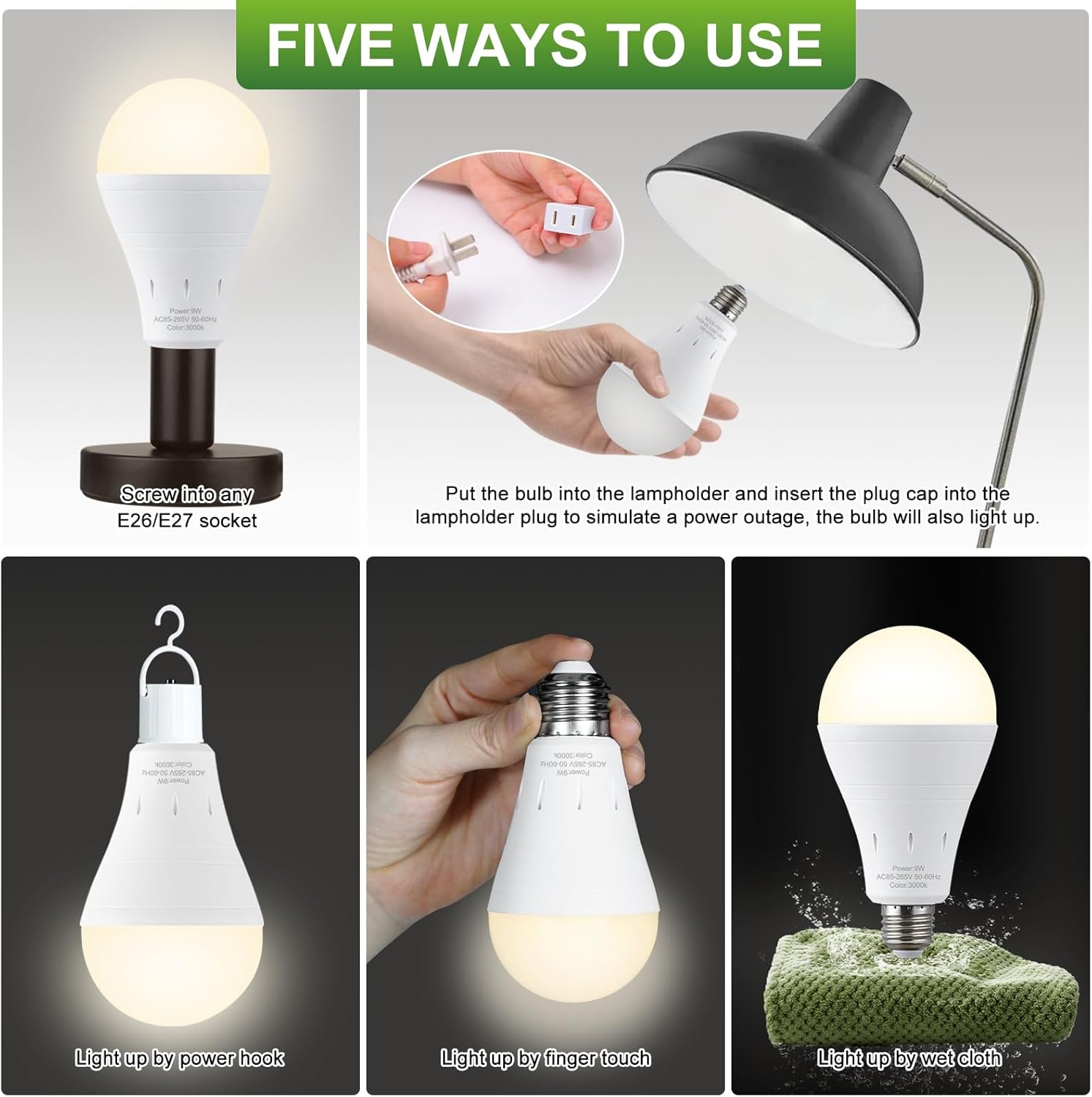 Rechargeable LED Emergency Light Bulb — Power Outage Backup, A19 E26/E27, 80W Equivalent