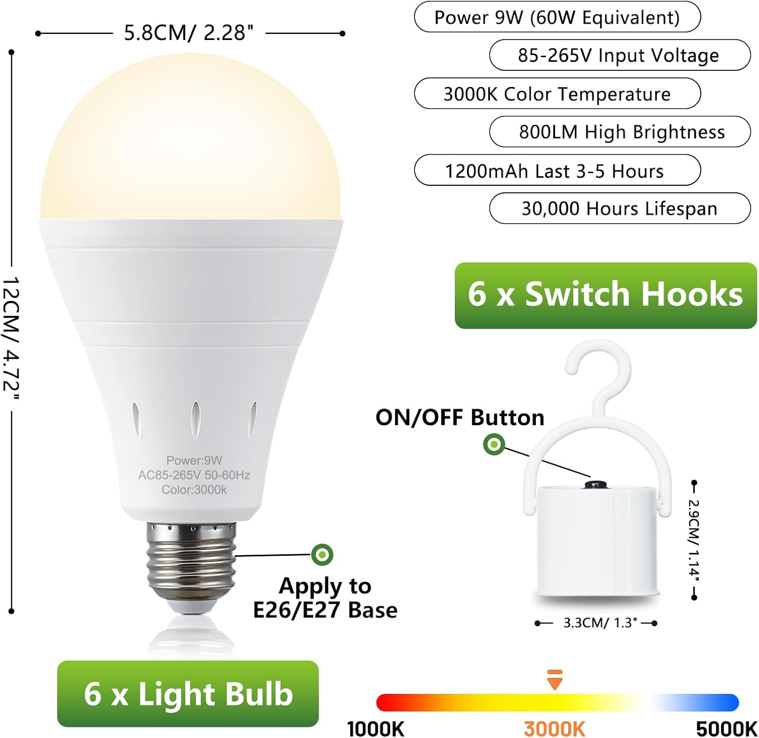 Rechargeable LED Emergency Light Bulb — Power Outage Backup, A19 E26/E27, 80W Equivalent